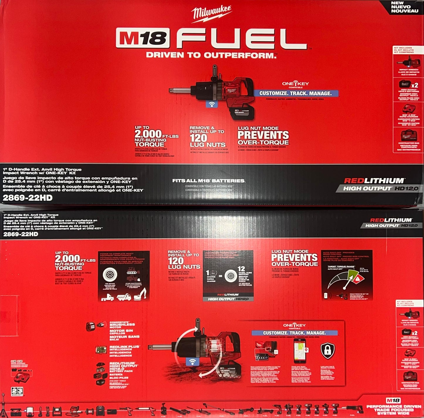 Milwaukee M18 Fuel 1” Extended Anvil High Torque Impact Wrench w/One Key Kit. Model #2869-22HD