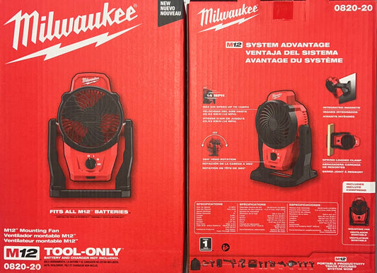 Milwaukee M12 Mounting Fan. Tool Only. Model #0820-20