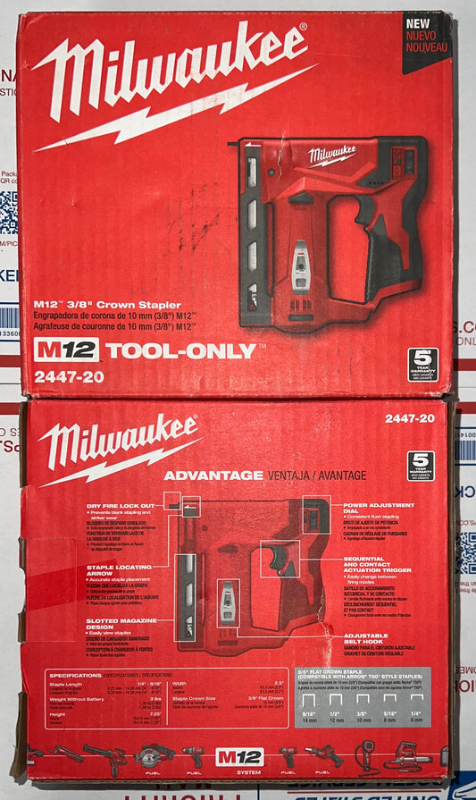 Milwaukee M12 3/8” Crown Stapler. Tool Only. Model #2447-20