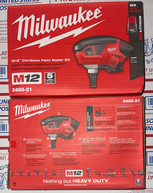 Milwaukee M12 Cordless Palm Nailer Kit. Model #2458-21