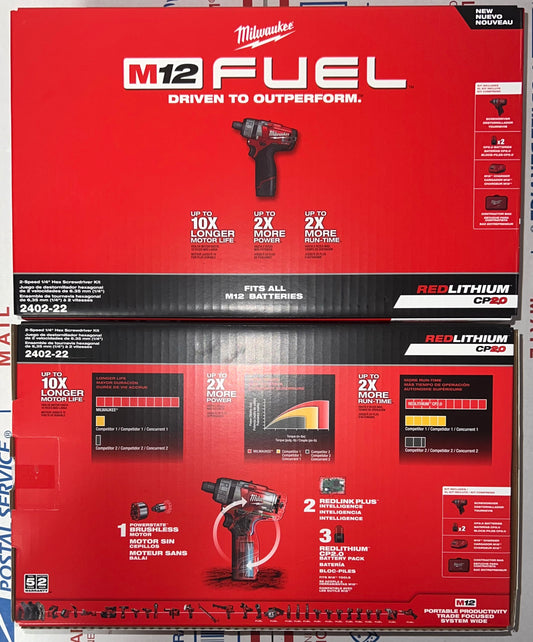 Milwaukee M12 Fuel 1/4' Hex 2-Speed Screwdriver Kit. Model #2402-22