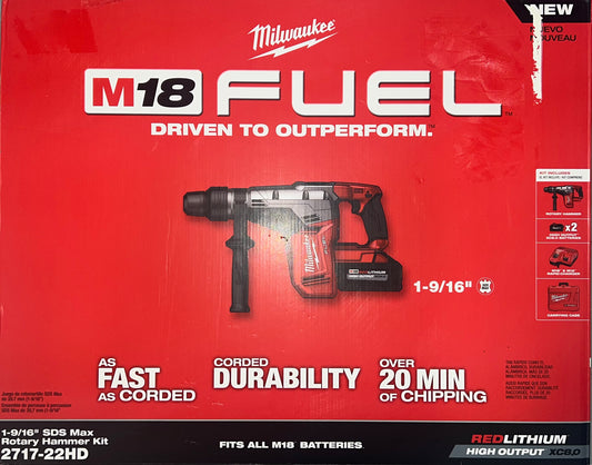 Milwaukee M18 Fuel 1-9/16" SDS MAX Rotary Hammer Drill Kit. Model #2717-22HD